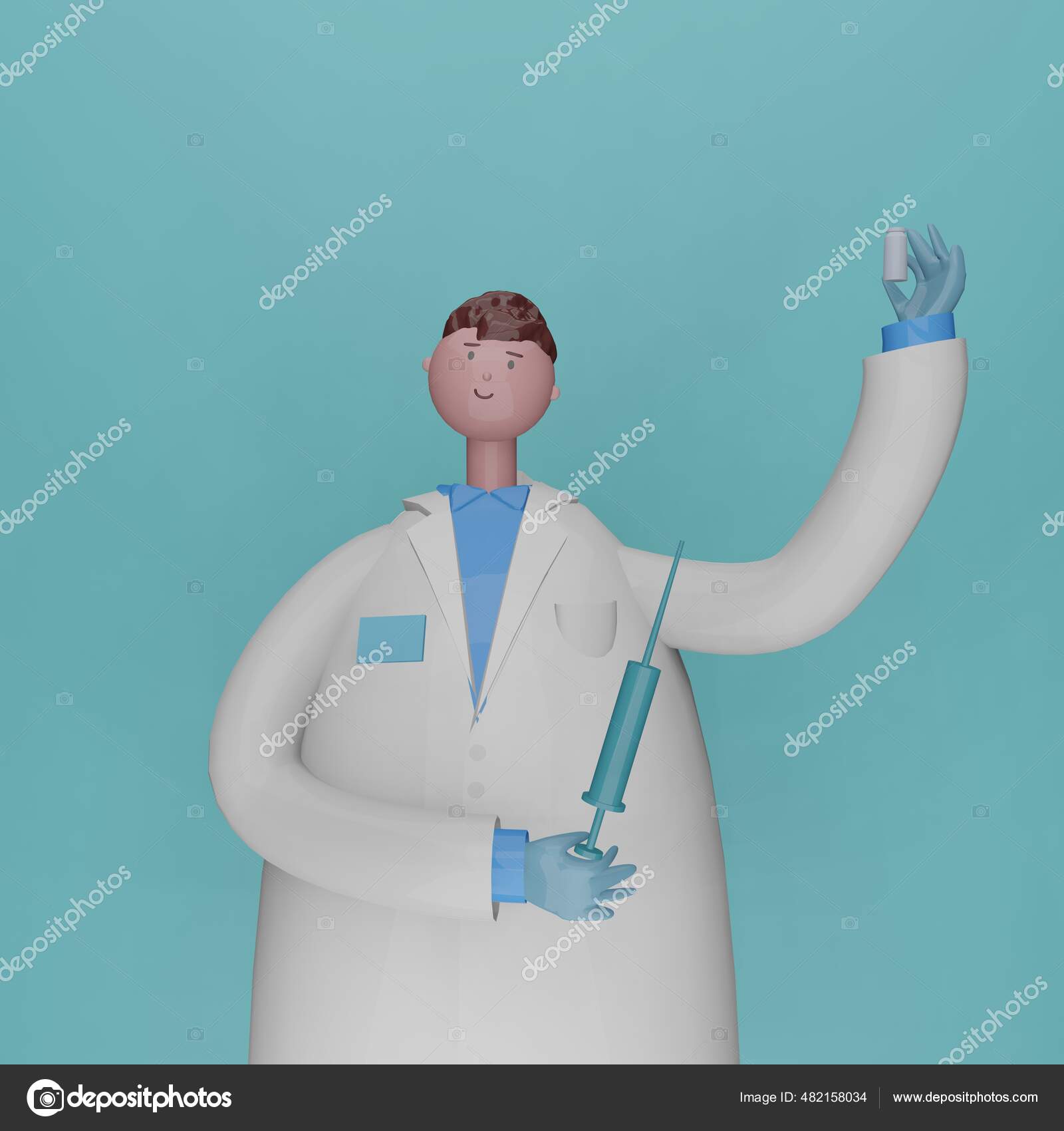 Doctor cartoon character holding a syringe with a vaccine. Coronavirus medicine. 3d rendering illustration